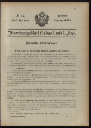 Kaiserlich-königliches Armee-Verordnungsblatt: Personal-Angelegenheiten 18910403 Seite: 1