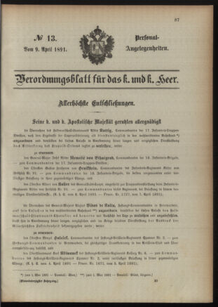 Kaiserlich-königliches Armee-Verordnungsblatt: Personal-Angelegenheiten 18910409 Seite: 1