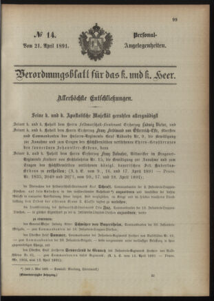 Kaiserlich-königliches Armee-Verordnungsblatt: Personal-Angelegenheiten 18910421 Seite: 1