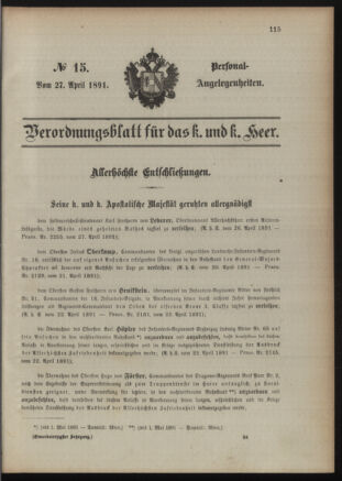 Kaiserlich-königliches Armee-Verordnungsblatt: Personal-Angelegenheiten 18910427 Seite: 1