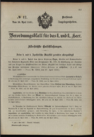 Kaiserlich-königliches Armee-Verordnungsblatt: Personal-Angelegenheiten 18910430 Seite: 1