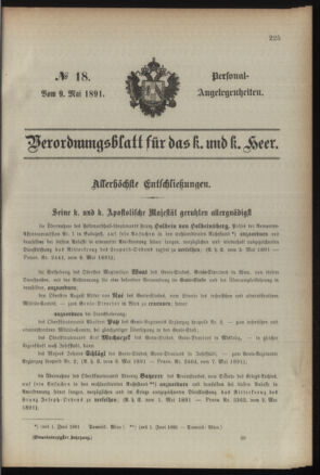 Kaiserlich-königliches Armee-Verordnungsblatt: Personal-Angelegenheiten 18910509 Seite: 1