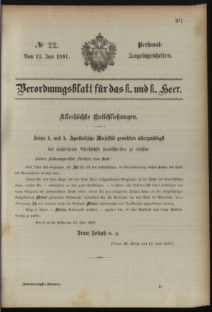 Kaiserlich-königliches Armee-Verordnungsblatt: Personal-Angelegenheiten 18910611 Seite: 1