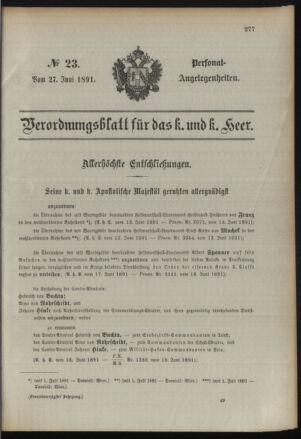 Kaiserlich-königliches Armee-Verordnungsblatt: Personal-Angelegenheiten 18910627 Seite: 1