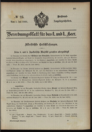 Kaiserlich-königliches Armee-Verordnungsblatt: Personal-Angelegenheiten 18910707 Seite: 1