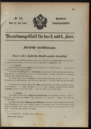 Kaiserlich-königliches Armee-Verordnungsblatt: Personal-Angelegenheiten 18910729 Seite: 1