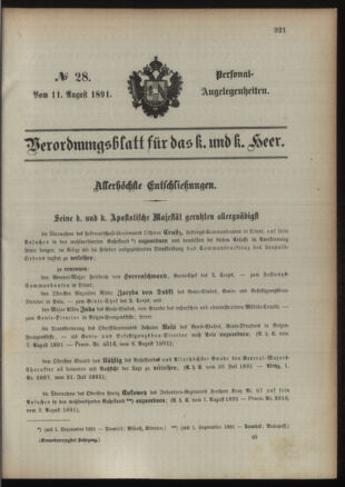 Kaiserlich-königliches Armee-Verordnungsblatt: Personal-Angelegenheiten 18910811 Seite: 1