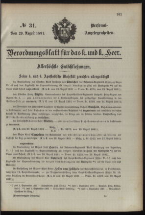 Kaiserlich-königliches Armee-Verordnungsblatt: Personal-Angelegenheiten 18910829 Seite: 1