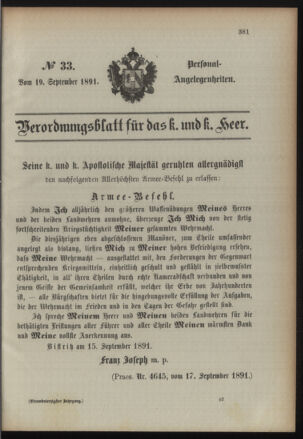 Kaiserlich-königliches Armee-Verordnungsblatt: Personal-Angelegenheiten 18910919 Seite: 1