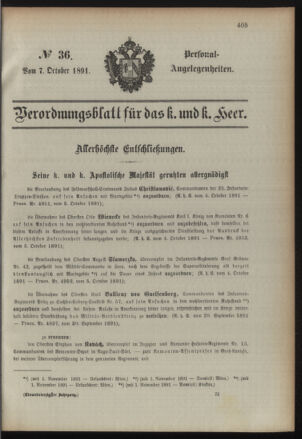 Kaiserlich-königliches Armee-Verordnungsblatt: Personal-Angelegenheiten 18911007 Seite: 1