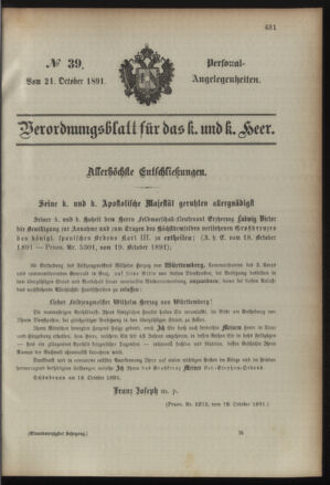 Kaiserlich-königliches Armee-Verordnungsblatt: Personal-Angelegenheiten 18911021 Seite: 1