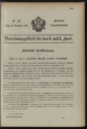 Kaiserlich-königliches Armee-Verordnungsblatt: Personal-Angelegenheiten 18911128 Seite: 1