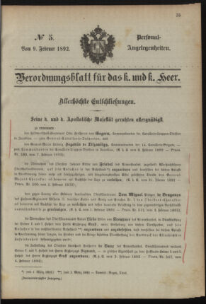 Kaiserlich-königliches Armee-Verordnungsblatt: Personal-Angelegenheiten 18920209 Seite: 1