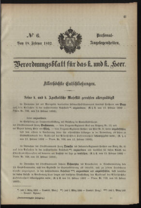 Kaiserlich-königliches Armee-Verordnungsblatt: Personal-Angelegenheiten 18920218 Seite: 1