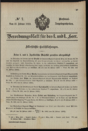 Kaiserlich-königliches Armee-Verordnungsblatt: Personal-Angelegenheiten 18920227 Seite: 1