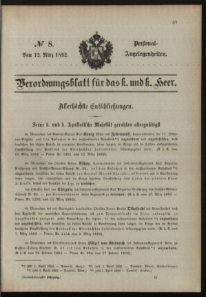 Kaiserlich-königliches Armee-Verordnungsblatt: Personal-Angelegenheiten 18920312 Seite: 1