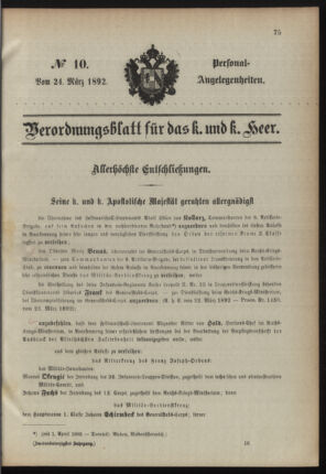 Kaiserlich-königliches Armee-Verordnungsblatt: Personal-Angelegenheiten 18920324 Seite: 1