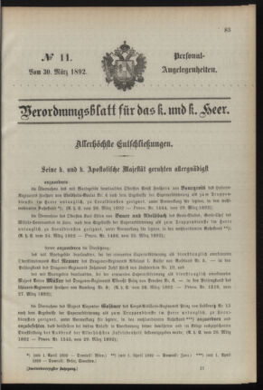 Kaiserlich-königliches Armee-Verordnungsblatt: Personal-Angelegenheiten 18920330 Seite: 1