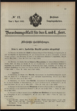 Kaiserlich-königliches Armee-Verordnungsblatt: Personal-Angelegenheiten 18920405 Seite: 1