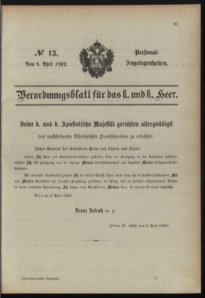 Kaiserlich-königliches Armee-Verordnungsblatt: Personal-Angelegenheiten 18920408 Seite: 1