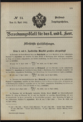 Kaiserlich-königliches Armee-Verordnungsblatt: Personal-Angelegenheiten 18920415 Seite: 1