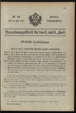 Kaiserlich-königliches Armee-Verordnungsblatt: Personal-Angelegenheiten 18920514 Seite: 1