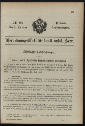 Kaiserlich-königliches Armee-Verordnungsblatt: Personal-Angelegenheiten 18920525 Seite: 1