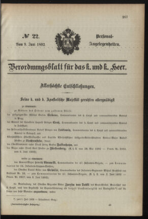 Kaiserlich-königliches Armee-Verordnungsblatt: Personal-Angelegenheiten 18920609 Seite: 1