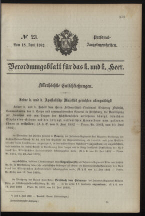 Kaiserlich-königliches Armee-Verordnungsblatt: Personal-Angelegenheiten 18920618 Seite: 1