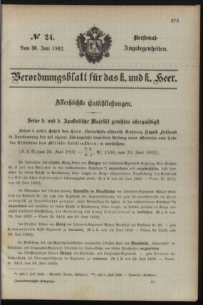 Kaiserlich-königliches Armee-Verordnungsblatt: Personal-Angelegenheiten 18920630 Seite: 1