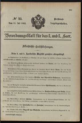 Kaiserlich-königliches Armee-Verordnungsblatt: Personal-Angelegenheiten 18920711 Seite: 1