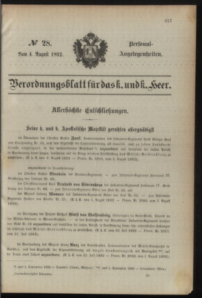 Kaiserlich-königliches Armee-Verordnungsblatt: Personal-Angelegenheiten 18920804 Seite: 1