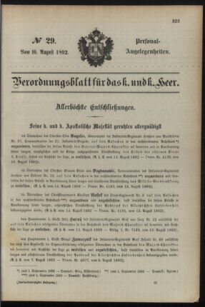 Kaiserlich-königliches Armee-Verordnungsblatt: Personal-Angelegenheiten 18920816 Seite: 1