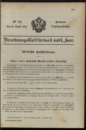 Kaiserlich-königliches Armee-Verordnungsblatt: Personal-Angelegenheiten 18920826 Seite: 1