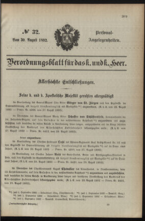 Kaiserlich-königliches Armee-Verordnungsblatt: Personal-Angelegenheiten 18920830 Seite: 1