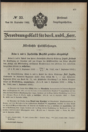 Kaiserlich-königliches Armee-Verordnungsblatt: Personal-Angelegenheiten 18920910 Seite: 1