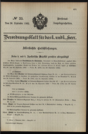 Kaiserlich-königliches Armee-Verordnungsblatt: Personal-Angelegenheiten 18920930 Seite: 1