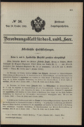 Kaiserlich-königliches Armee-Verordnungsblatt: Personal-Angelegenheiten 18921010 Seite: 1