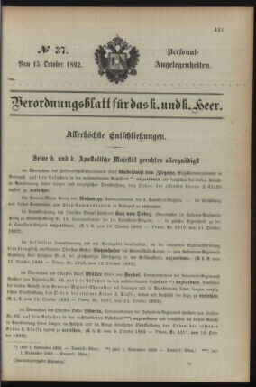 Kaiserlich-königliches Armee-Verordnungsblatt: Personal-Angelegenheiten 18921015 Seite: 1