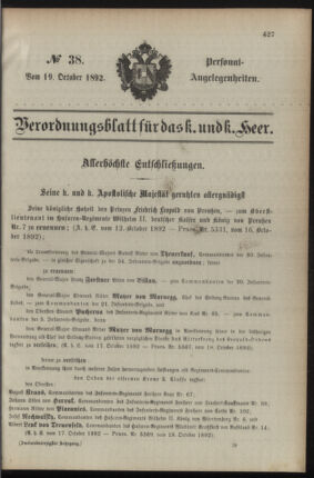 Kaiserlich-königliches Armee-Verordnungsblatt: Personal-Angelegenheiten 18921019 Seite: 1