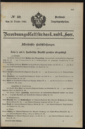 Kaiserlich-königliches Armee-Verordnungsblatt: Personal-Angelegenheiten 18921027 Seite: 1