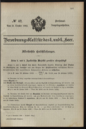 Kaiserlich-königliches Armee-Verordnungsblatt: Personal-Angelegenheiten 18921031 Seite: 1