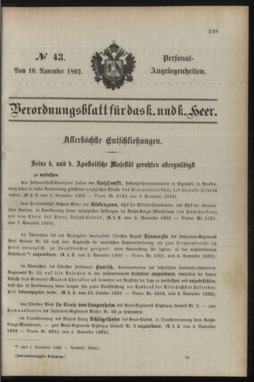 Kaiserlich-königliches Armee-Verordnungsblatt: Personal-Angelegenheiten 18921110 Seite: 1