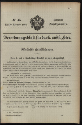 Kaiserlich-königliches Armee-Verordnungsblatt: Personal-Angelegenheiten 18921130 Seite: 1