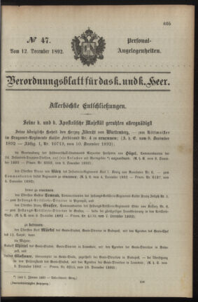 Kaiserlich-königliches Armee-Verordnungsblatt: Personal-Angelegenheiten 18921212 Seite: 1