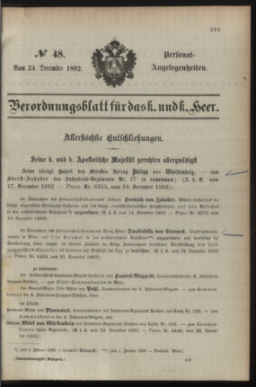 Kaiserlich-königliches Armee-Verordnungsblatt: Personal-Angelegenheiten 18921224 Seite: 1