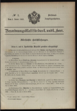 Kaiserlich-königliches Armee-Verordnungsblatt: Personal-Angelegenheiten 18930105 Seite: 1