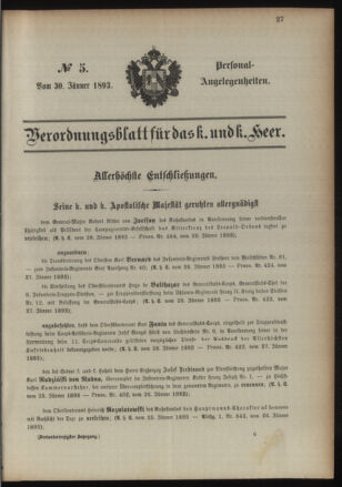 Kaiserlich-königliches Armee-Verordnungsblatt: Personal-Angelegenheiten 18930130 Seite: 1