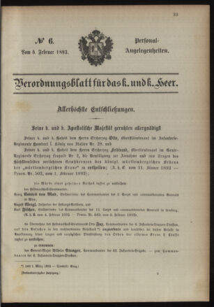 Kaiserlich-königliches Armee-Verordnungsblatt: Personal-Angelegenheiten 18930206 Seite: 1