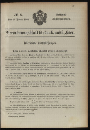 Kaiserlich-königliches Armee-Verordnungsblatt: Personal-Angelegenheiten 18930227 Seite: 1